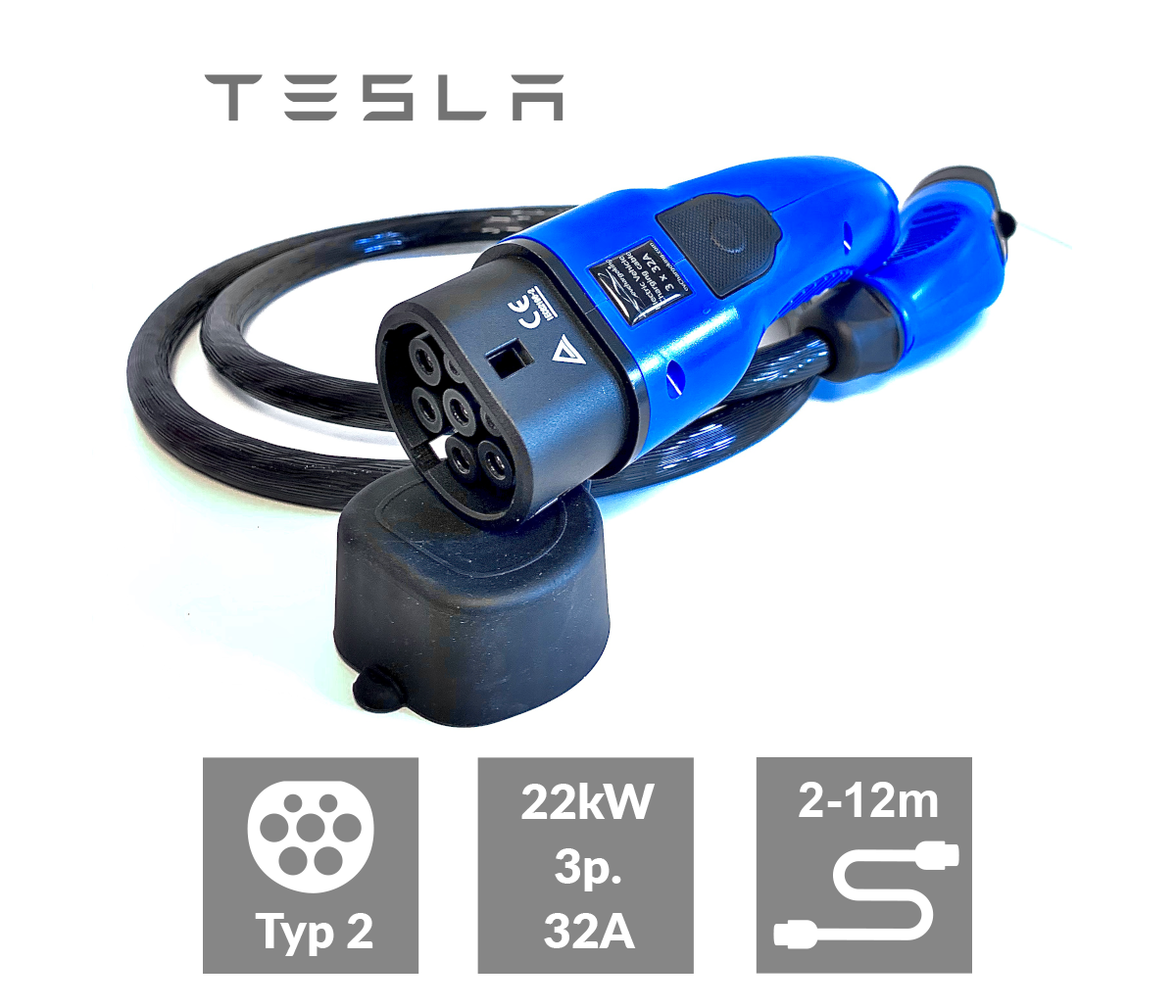 Tesla-Kabel Typ2, 2-15m (bis 22kW) - E-mobility Online Shop